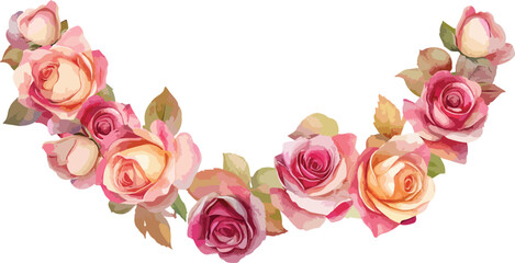 Delicate watercolor floral garland of blooming roses in soft pastel pink and peach hues