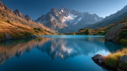 Naklejka premium Majestic Mountain Lake: A stunning panoramic vista showcasing a serene lake nestled amidst towering, snow-capped mountains, the crystalline water reflecting the awe-inspiring landscape. 