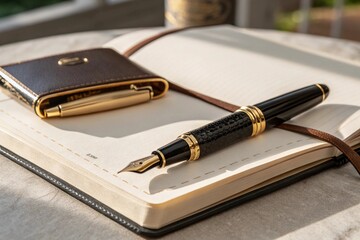 Luxury Black and Gold Fountain Pen Resting on Leather Notebook