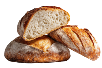 Freshly baked artisan loaves stacked, sliced open, showcasing crusty exterior and airy interior
