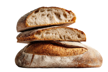 Stacked slices of artisan bread, light brown crust, airy texture