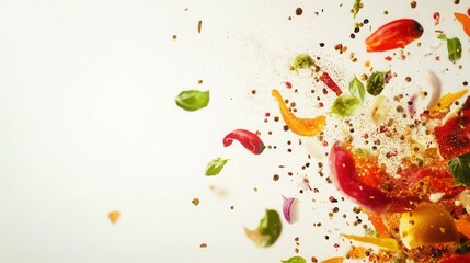 vegetables and spices dynamically flying in the air, food explosion concept on a white background, copy space image, place for adding text 