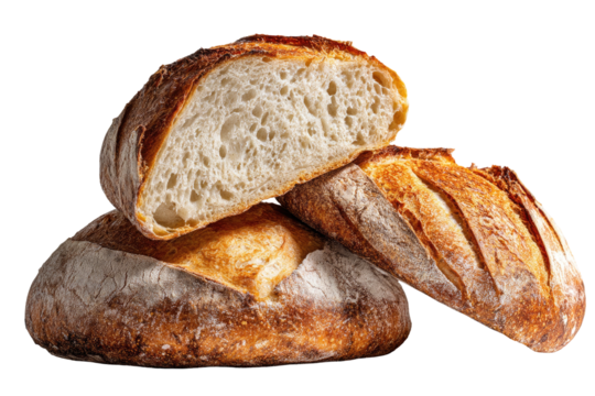 Freshly baked artisan loaves stacked, sliced open, showcasing crusty exterior and airy interior