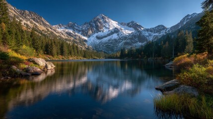 Majestic Mountain Lake: A breathtaking landscape of a calm lake reflecting snow-capped mountains and lush green trees under a bright blue sky.