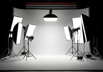 Professional photography studio lighting setup with softboxes and umbrellas against a clean white background, ready for a photoshoot