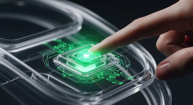 Finger pressing a glowing green power button on a futuristic device