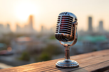 Retro-style microphone on wooden table with blurred city skyline background during golden hour light, symbolizing podcasting and creative hobbies.