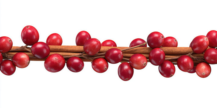 Cranberry & Cinnamon Stick Garland, A festive border made of bright red cranberries strung together with dark cinnamon sticks, a fragrant and colorful garland. 3d illustration. on white background.