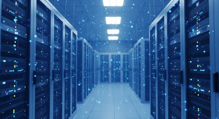 Data Center Server Racks with Blinking Lights and Digital Particles