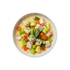 Steaming, creamy Waterzooi with fish or chicken, vegetables, rich broth, parsley garnish, in a light bowl on seamless gray background, bright studio light. Concept of traditional Belgian food