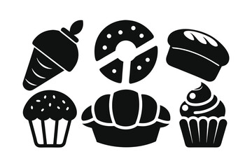 Assortment of sweet bakery items, featuring cupcakes, donuts, ice cream cones, and pastries, presented on a clean white background