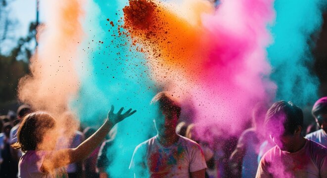 People celebrating Holi festival of colors throwing powder paint