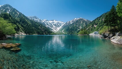 Serene mountain lake panorama.  Crystal-clear water reflects snow-capped peaks. Lush greenery surrounds the tranquil scene