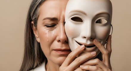 Woman's tearful face juxtaposed with a smiling mask, revealing hidden emotions and inner turmoil