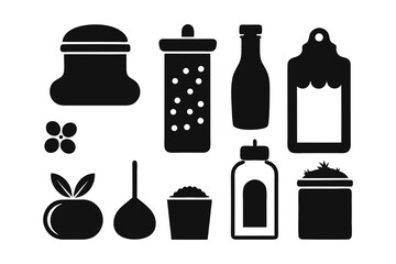 Assortment of black silhouette icons depicting various containers, bottles, jars, and food items like fruit and spices, suitable for culinary or kitchen themes, isolated on a white background