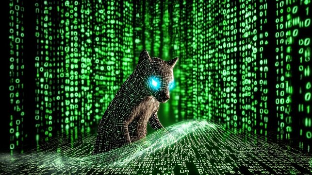 Cyber quokka with digital fur and holo eyes surfing data streams across a matrix jungle lit with shifting codes