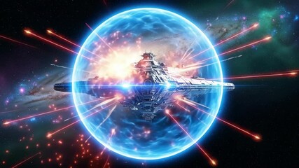 Wide angle view of a large spacecraft protected by a glowing blue energy field deflecting enemy projectiles. Explosions erupt around the ship. - Powered by Adobe