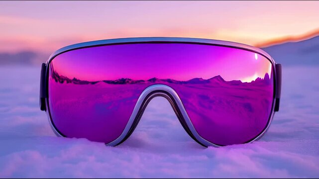 Vibrant sunset reflected in ski goggles during winter adventure in the mountains