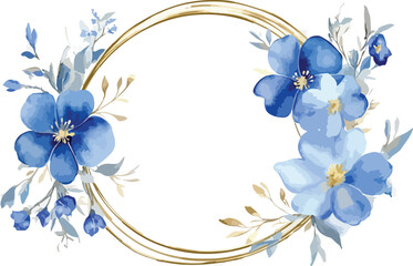 Fototapeta premium Elegant golden wreath adorned with delicate blue watercolor flowers and greenery