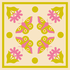 Retro Butterfly Floral Tile – Pink and Yellow Folk Ornament