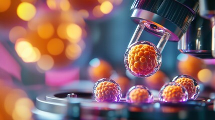 Microscope examining orange cellular spheres.