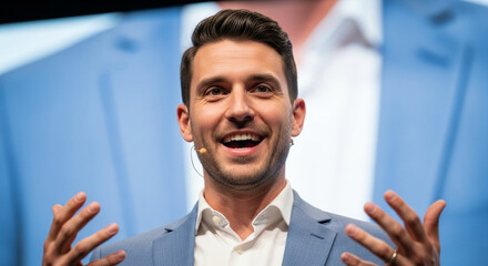 Confident professional male presenter smiling and gesturing during a keynote address at a corporate event