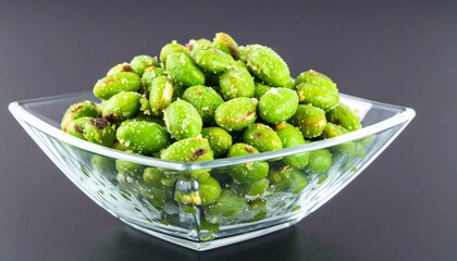 Crispy roasted green soybeans seasoned with sea salt in a clear glass bowl, a healthy and nutritious vegan appetizer