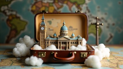 Miniature Landmark Cityscape in Vintage Suitcase