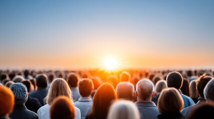 Gathering toward the Horizon: A multitude of people observe a striking sunset. The crowd of figures share a moment under the vast sky, sharing unity in the shared spectacle.