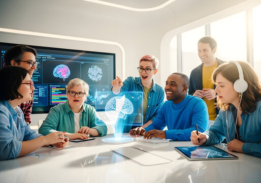 Innovative Team Meeting with Holographic Brain Display