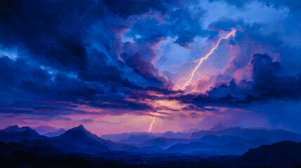 Dramatic lightning storm over a mountain landscape at twilight