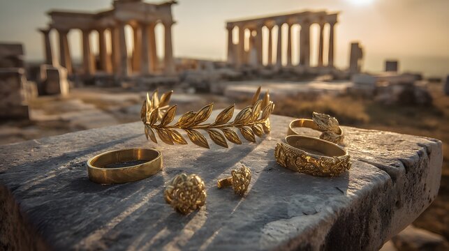 Wide angle setting of ancient Greek jewelry artifacts including olive leaf tiaras golden fibulae engraved rings on a stone pedestal with temple ruins at golden hour