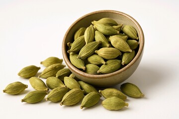 Green Cardamom Pods in Bowl on White Background – Fragrant Spice Macro