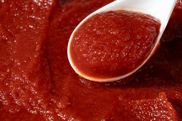 Concentrated Tomato Paste in a Spoon. Natural Red Cooking Ingredient.