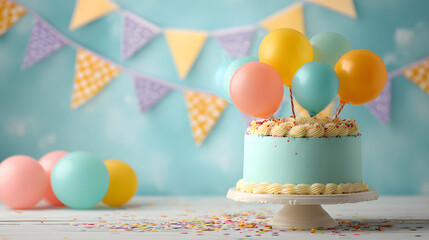 Birthday cake with balloons, confetti, and bunting , celebration, dessert, party, celebration, decoration, festive, colorful