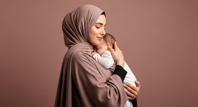 Serene Muslim Mother in a Dusty Rose Hijab Cradling Her Sleeping Newborn.