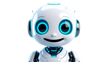 A 3d render of a cute robot face with a friendly smile, symbolizing ai, automation, and future technology isolated on solid white background Png format