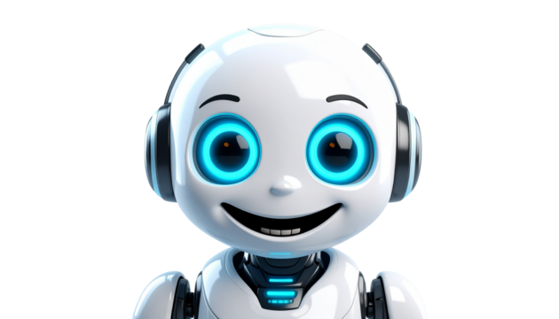 A 3d render of a cute robot face with a friendly smile, symbolizing ai, automation, and future technology isolated on solid white background