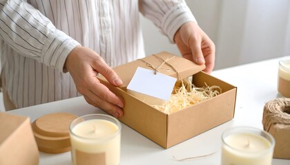 A person carefully packs a gift box with handmade candles and a blank message tag.