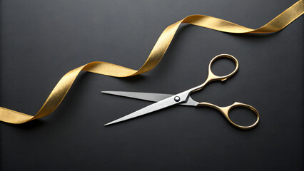 Cutting Ribbon: A pair of scissors poised to snip through a golden ribbon on a dark backdrop. Symbolizing opening and new beginnings, this photo embodies celebration and fresh starts.
