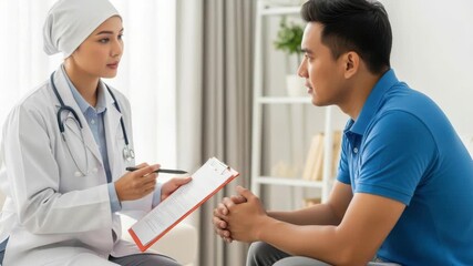 A compassionate female doctor wearing a hijab and white coat discusses a patients medical chart with a male patient in a clinic setting