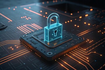 Fototapeta premium Cyber Lock on Microchip – High-Tech Illustration of Data Security