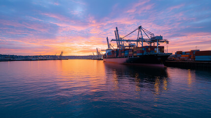 Fototapeta premium Containership Docks at Sunrise with Cranes and Containers
