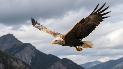 Obraz premium A majestic eagle soars through the sky with its wings spread wide against a backdrop of rugged mountains.