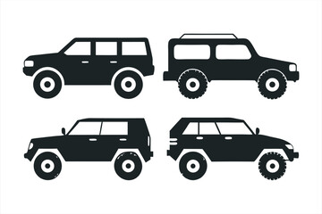 Collection of four black suv and offroad vehicle silhouettes, isolated on white background, showcasing different rugged vehicle designs