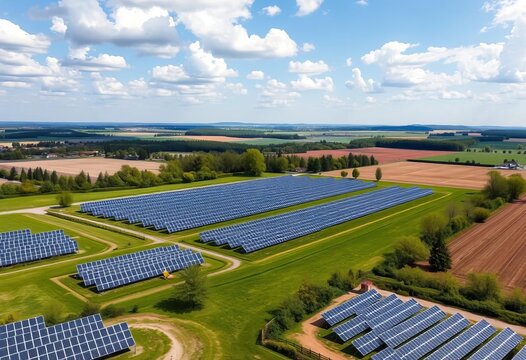 Aerial view of Willmersdorf, Brandenburg solar farm, photovoltaic panels in scenic landscape,  birds-eye view,  electricity