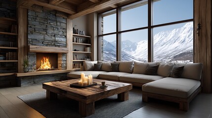 Cozy mountain cabin living room with fireplace and panoramic window view