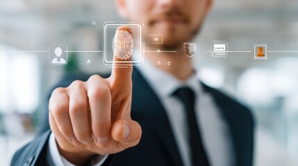 Biometric Authentication: A man in a suit utilizes cutting-edge biometric technology, pressing his finger against a digital scanner for secure authentication, symbolizing modern data protection.