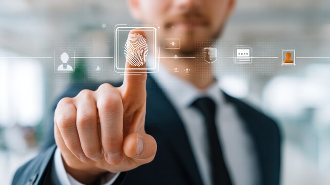 Biometric Authentication: A man in a suit utilizes cutting-edge biometric technology, pressing his finger against a digital scanner for secure authentication, symbolizing modern data protection.