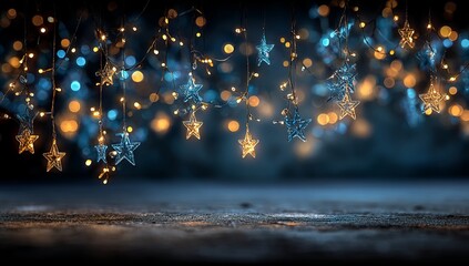 Magical Star String Lights: Festive Blue and Gold Bokeh Background with Dark Tabletop